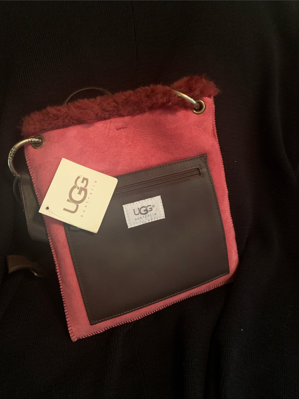 UGG Pink Shearling-Trim Leather Pocket Shoulder Bag